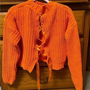 Miss Selfridge lace up back color, orange, long sleeve, size small